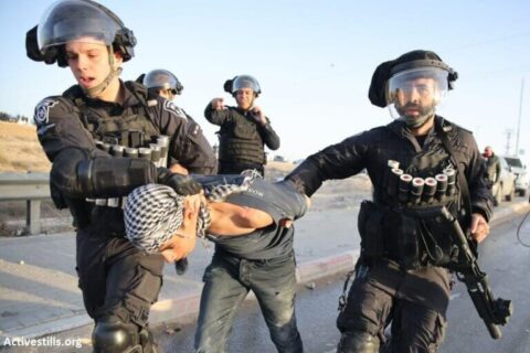 Des policiers israéliens arrêtent un jeune Bédouin du Néguev au cours des protestations contre les plans de forestation du JNF dans la région. (Photo : Oren Ziv / Activestills)