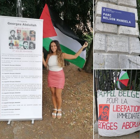 Stand pour la Palestine et pour la libération de Georges Abdallah dans le parc Nelson Mandela. Photo : Charleroi pour la Palestine