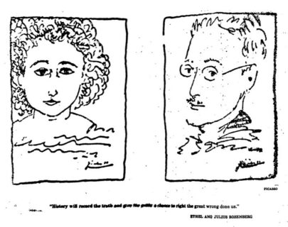 Un pamphlet avec le dessin par Pablo Picasso de Julius et Ethel Rosenberg, tiré des vastes dossiers du FBI sur les Rosenberg