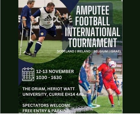 L'affiche de l' AFAS annonçant le Tournoi international de football pour amputés auquel participent la Belgique, l’Irlande, Israël et l’Écosse.