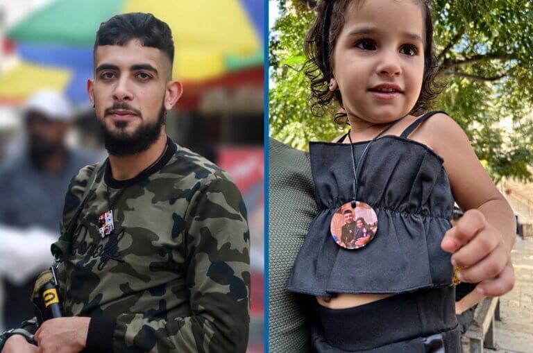 À gauche, Ibrahim Nabulsi. À droite, une fille de Naplouse portant un collier avec une médaille à l’effigie de Nabulsi. (Photos : Shadi Jarar’ah / APA Images, et Mariam Barghouti / Mondoweiss)