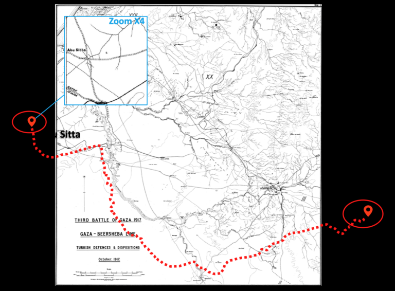 une carte de la première guerre mondiale [référence à la diapositive 4] qui indique que [les Britanniques] sont partis de la « terre d’Abu Sitta »
