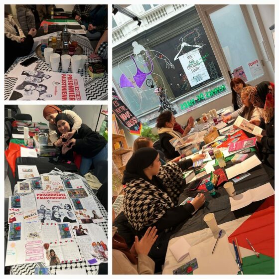 La veille du 8 mars, des étudiantes et responsables de Vie Féminine écrivent des lettres décorées à Israa Jaabis, une des prisonnières palestiniennes, lors d'un atelier animé par la Plate-forme Charleroi-Palestine. (Photos via Vie Féminine)