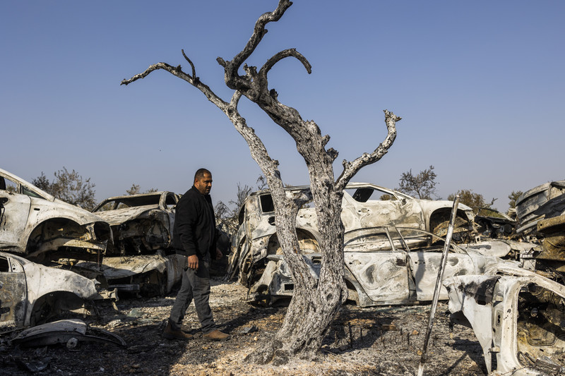 Une partie des dégâts du pogram mené par des colons avec l’approbation de l’État, dans le village de Huwwara, en Cisjordanie, ce 27 février 2023. 