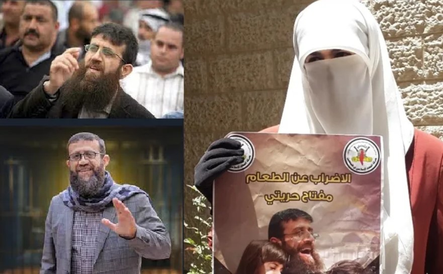 À gauche, Sheikh Khader Adnan / À droite, l’épouse du Sheikh, Randa Musa (Umm Abdel-Rahaman), exhibant une affiche de son mari avec un texte en arabe qui dit : « La grève de la faim est la clé de ma liberté. »