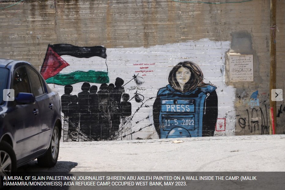 Une fresque représentant la journaliste palestinienne assassinée, Shireen Abu Akleh, peeinte sur un autre mur du camp. (Photo: Malik Hamamra / Mondoweiss) Camp de réfugiés d’Aida, Cisjordanie occupée, mai 2023. 
