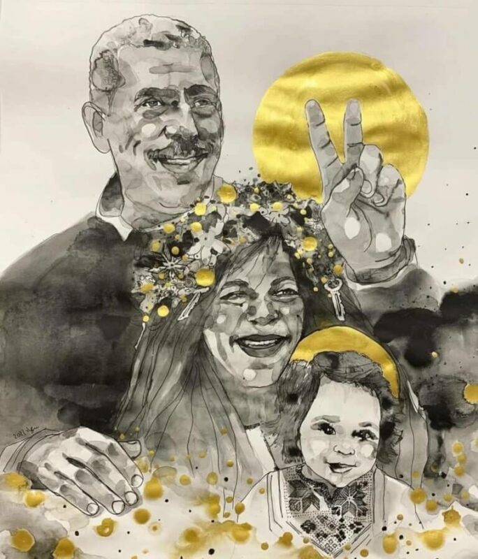 Un dessin représentant Walid Daqqah avec sa femme Sana’ et leur fille Milad. (Œuvre de Suhad Khatib. Avec l’aimable autorisation de la Campagne Libérez Walid Daqqah)