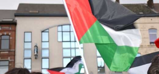 Khaled Barakat : Malgré le génocide, ‘Israël’ sera vaincu. Photo le drapeau palestinien à Charleroi : Isabelle Sabbe