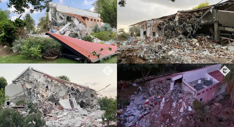 Des photos postées en ligne par Israël et une vidéo postée par The Telegraph montrent plusieurs immeubles du kibboutz de Be’eri qui semblent bien avoir été bombardés par Israël.