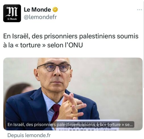 Un nouveau dictionnaire pour Israël et la Palestine? Photo : Un exemple complice dans un média français : des guillemets pour relativiser le mot torture, ou pour semer le doute sur la véracité de l’information. (Note ISM-France)