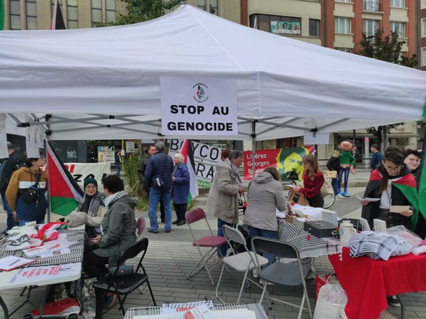 Stop au génocide en Palestine occupée et à l'agression militaire d'Israël contre le Liban. Tonnelle de Charleroi pour la Palestine.