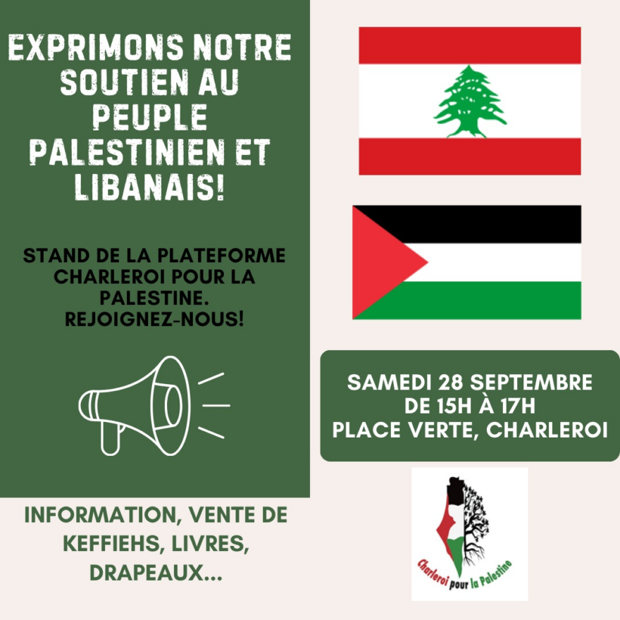 Affliche annonçant le stand de la Plateforme Charleroi pour la Palestine le samedi 28 septembre, place Verte, Charleroi