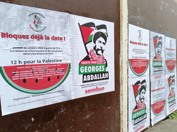 Le soutien à Georges Abdallah sera présent le 26 octobre à Charleroi. Photo  : affiches à Monceau-sur-Sambre