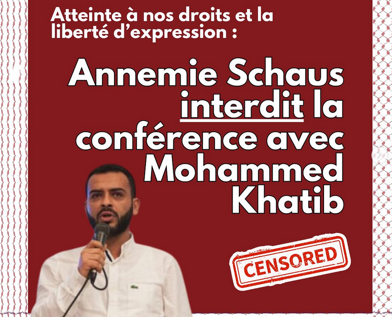 Affiche : interdiction d'une conférence avec Mohammed Khatib à l'ULB