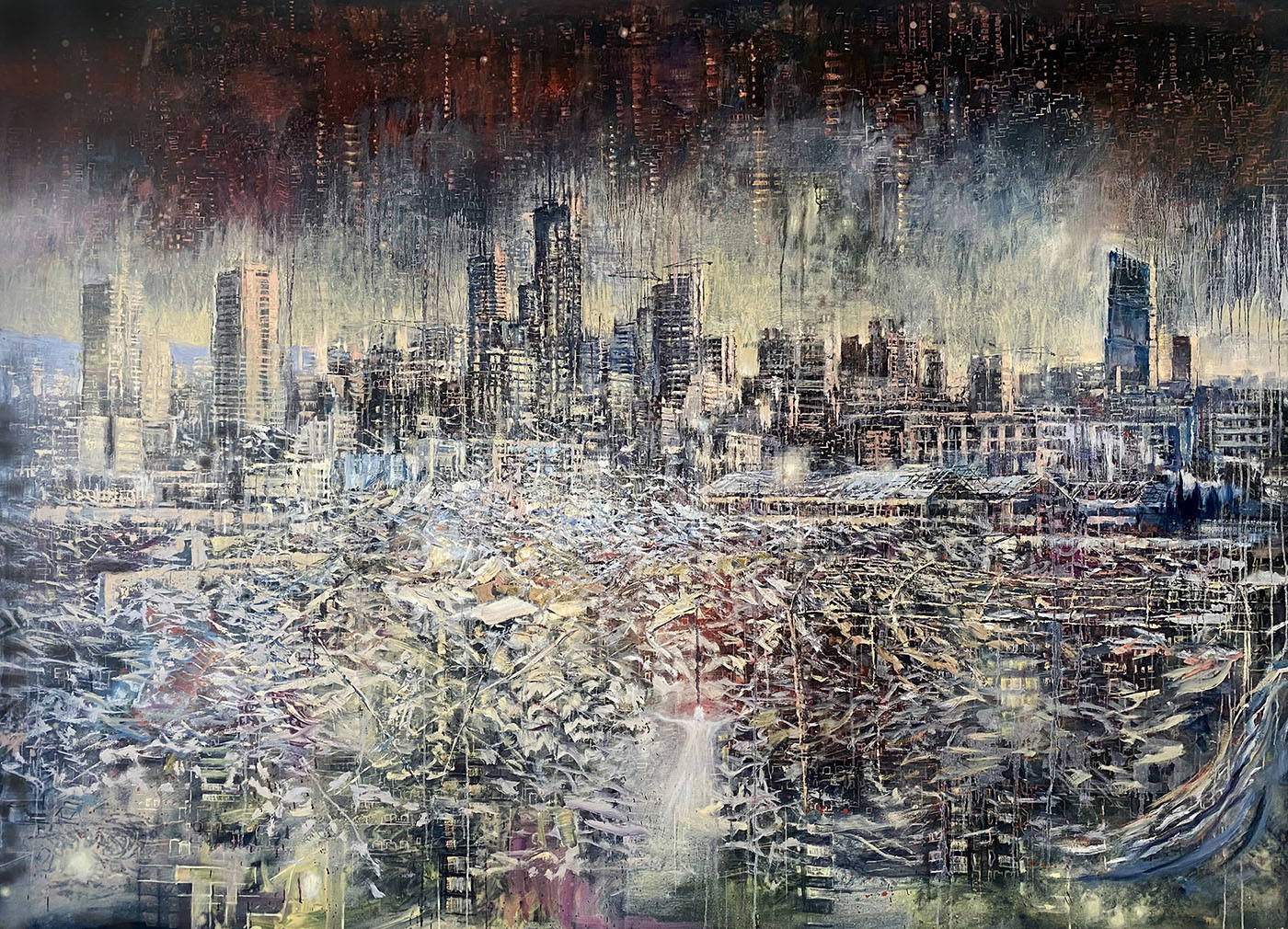 Une année de guerre qui n'en finit pas. Photo : Tom Young, « Ville sous asphyxie (Angelus Novus) », huile sur toile, 180 cm x 250 cm, 2024. 