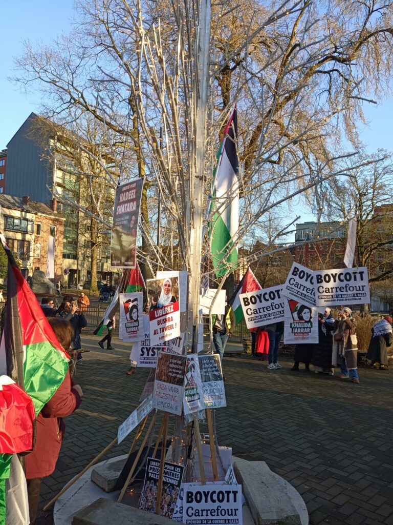 Le boycott de Carrefour était présent dans la manifestation de samedi 28 décembre contre le génocide et en soutient à la résistance, organisée par la Plateforme Charleroi-Palestine