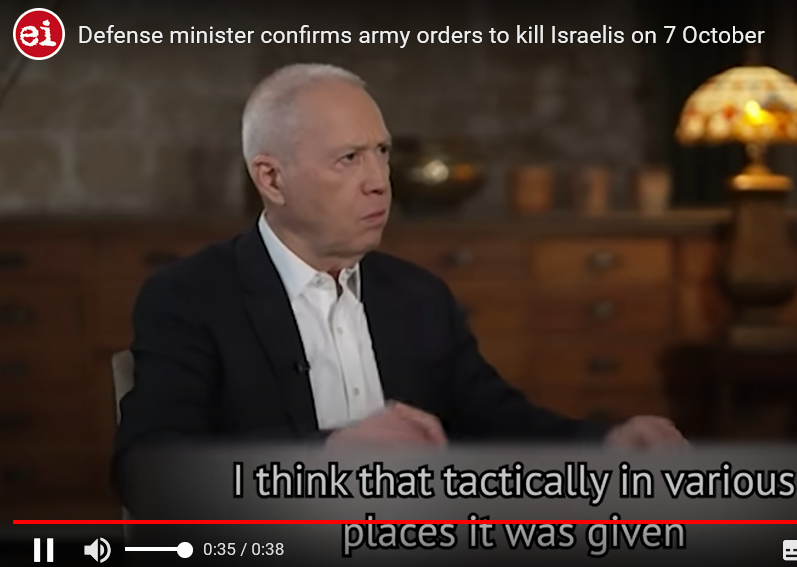 Vidéo EI : « Le ministre de la Défense confirme les ordres reçus par l'armée de tuer des Israéliens le 7 octobre 2023. »