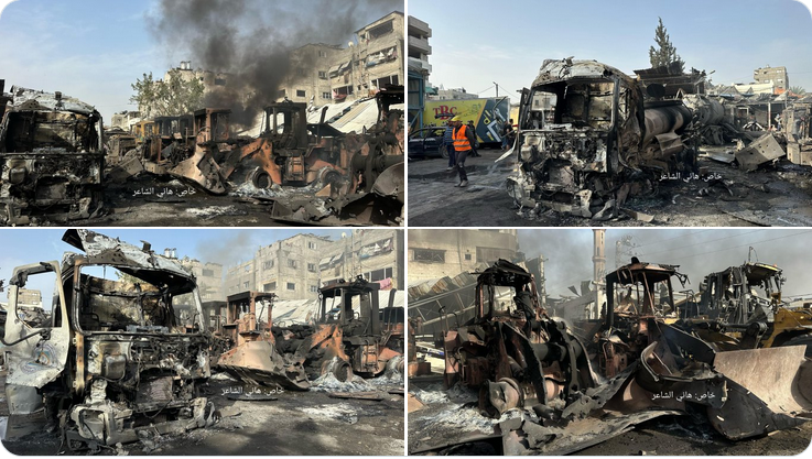 Les 21 et 22 avril, en de multiples endroits autour de Gaza, Israël a ciblé et détruit des dizaines de véhicules de l'équipement lourd appartenant à la défense civile palestinienne.
