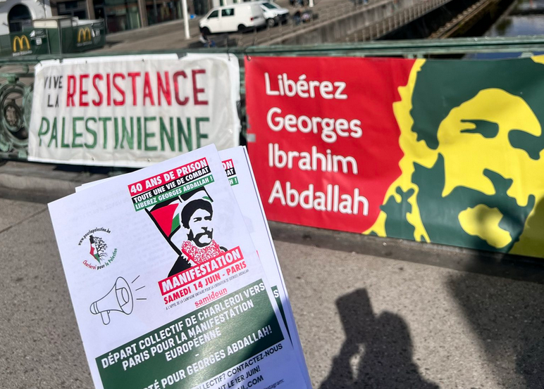 Action pour la libération de Georges Abdallah sur un pont de la Sambre à Charleroi