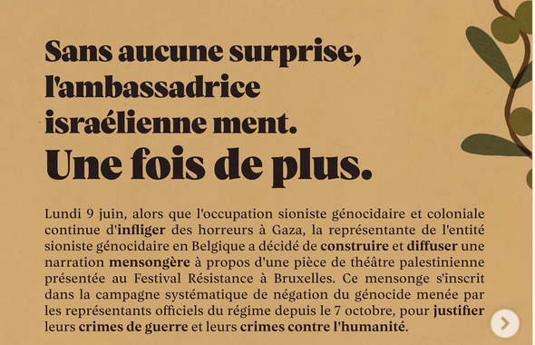 Festival Résistance : Sans aucune surprise, l'ambassadrice israélienne ment. UNE FOIS DE PLUS.