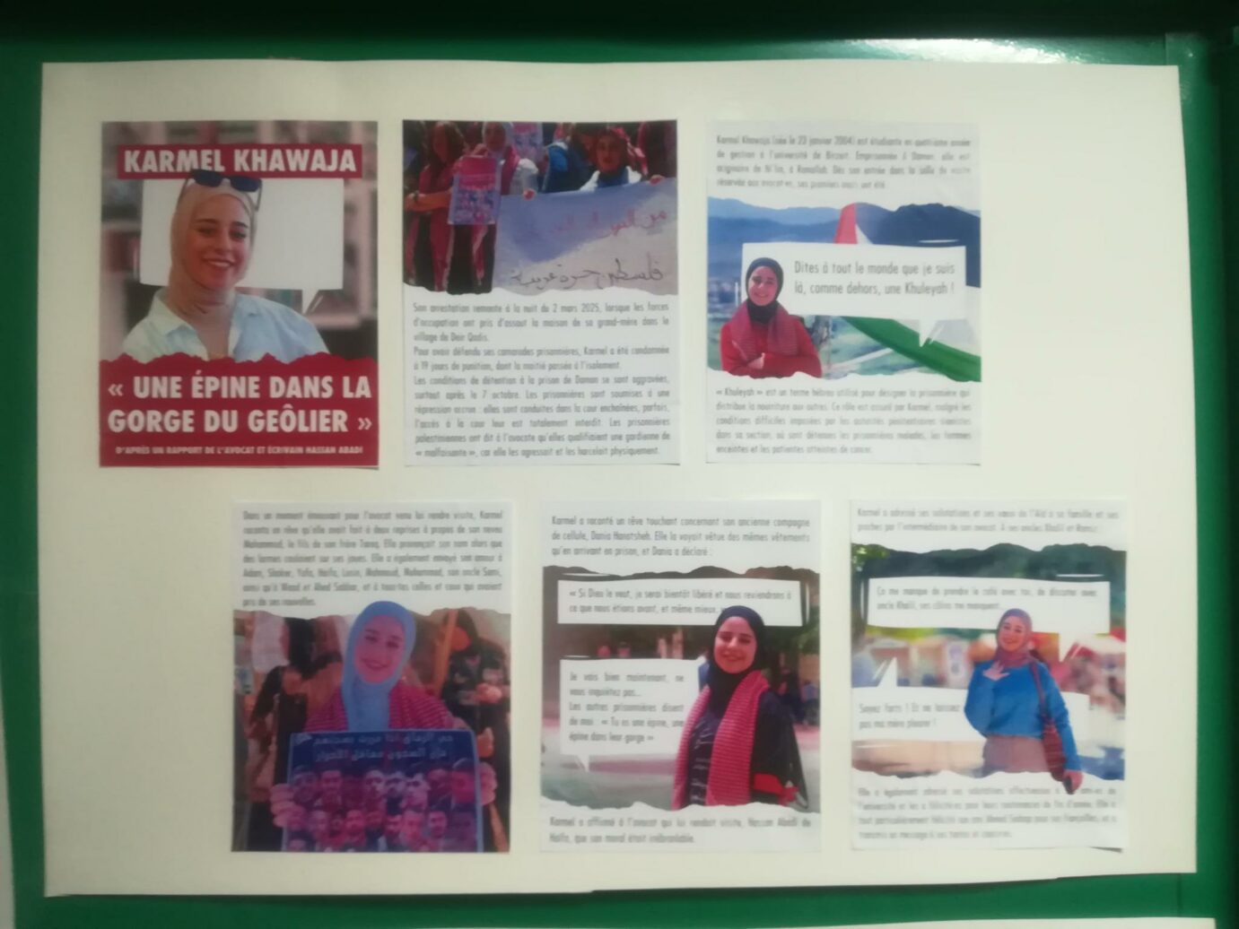 La Plateforme Charleroi-Palestine présente à la Journée d'étude de Vie Féminine. Photo : expo de la lutte des prisonnières palestiniennes derrière les barreaux