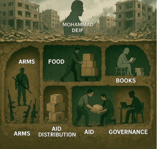 Illustration : Mohammad Deif – Armes – Nourriture – Livres – Armes – Distribution d'aide – Aide – Gouvernance / Ces tunnels ne s'arrêtent pas à Gaza. Ils portent le pouls d'une partie indivise – éclairée par la mémoire, mise en carte par la résistance et animée d'un but : le retour.