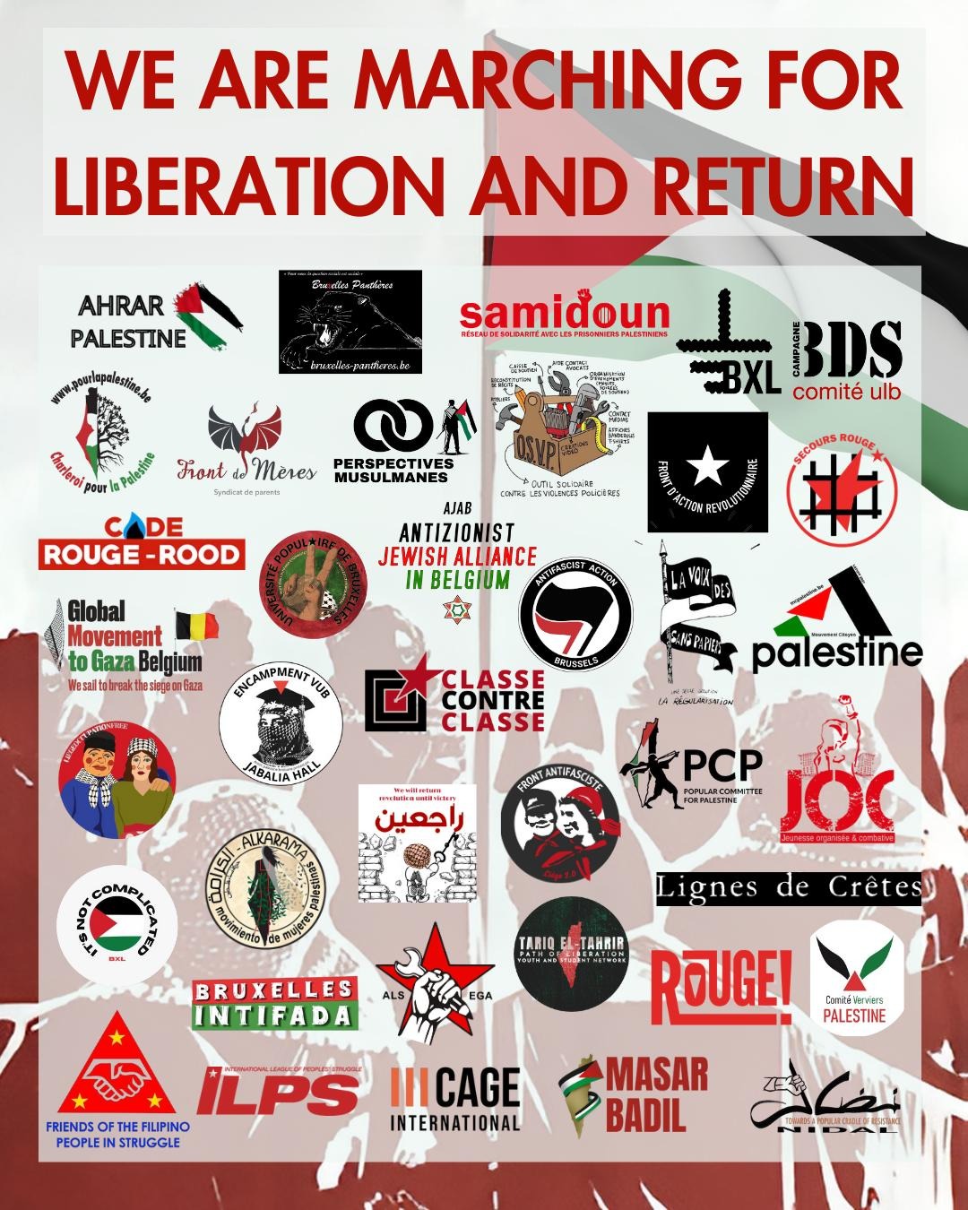 Rejoignez la Marche populaire pour la Libération et le Retour. Photo : l'affiche avec les logos des associations qui lancent l'appel