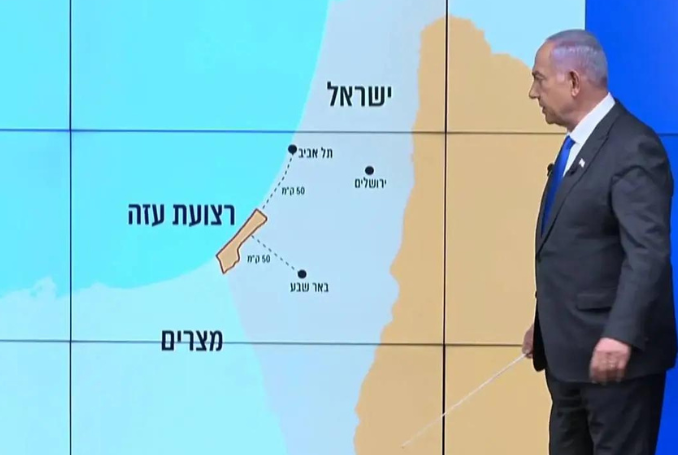 Netanyahou ne se contente pas de parler du « Grand Israël », il le crée. Le Premier ministre israélien Netanyahou a utilisé une carte d'Israël qui oblitère toute la Cisjordanie occupée. (Photo : capture de vidéo)