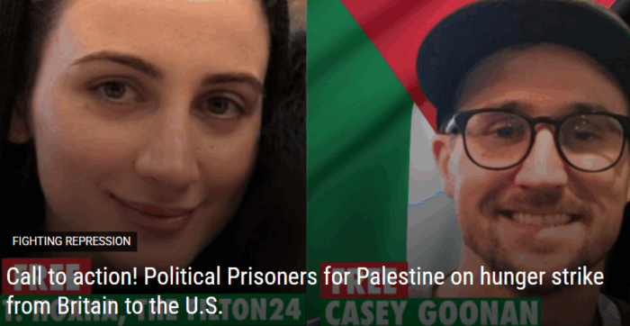 De la GB aux EU, des prisonniers politiques pour la Palestine sont en grève de la faim. T. Hoxha est une activiste pour la Palestine emprisonnée depuis neuf mois, sans procès, dans le cadre de l'affaire dite des « 24 de Filton ». 