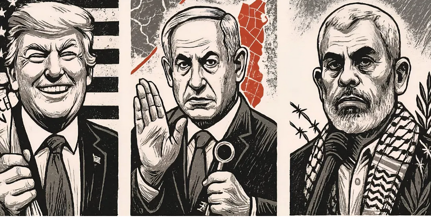 Photo : Trois visages du projet concernant Gaza (Trump, Nethanyahou et Sinwer)– imposition, contrôle, refus. Un triptyque composé du pouvoir, de la provocation et de la résistance.