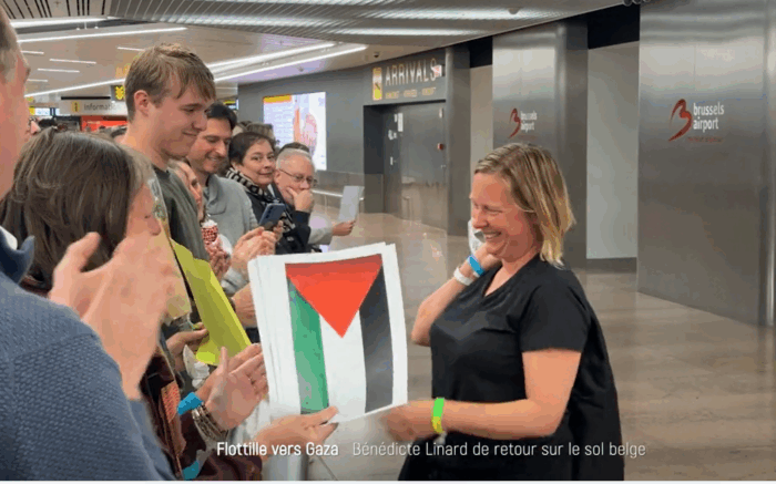 Bénédicte Linard à son retour à Zaventem. Photo : capture d'écran du reportage de Notélé