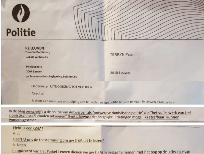 La convocation à une audition que Peter terryn a reçu de la police de Leuven